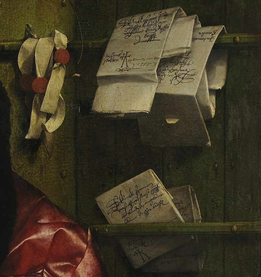 Cartas dobradas presas a uma prateleira, fechadas com selos de cera vermelha.