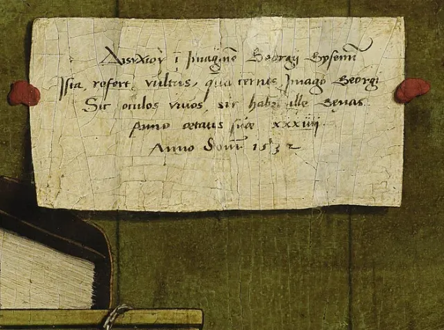 Detalhe de uma carta lacrada com cera vermelha, pintada por Holbein em 1532.