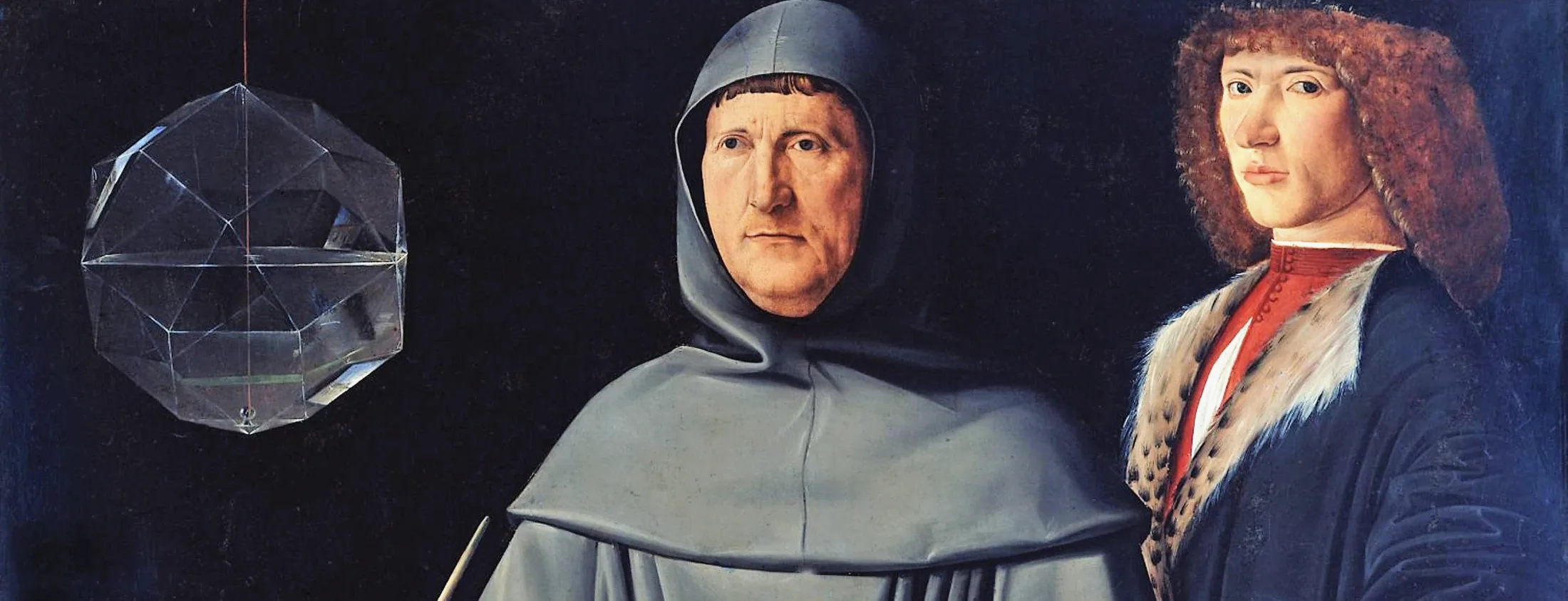 Luca Pacioli, retratado por Jacopo de' Barbari por volta de 1495: um frade franciscano com um compasso sobre uma lousa de geometria, ao lado de um poliedro de vidro e de um jovem aluno.